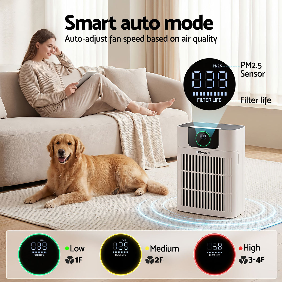 White pet air purifier with PM2.5 display standing in a living room