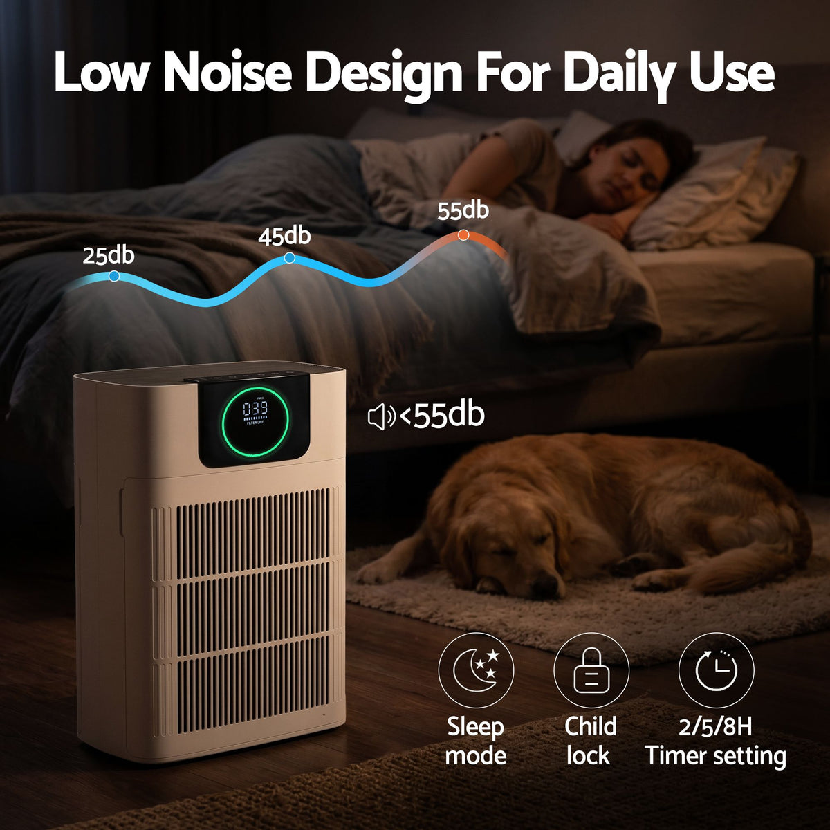 White pet air purifier with PM2.5 display standing in a living room