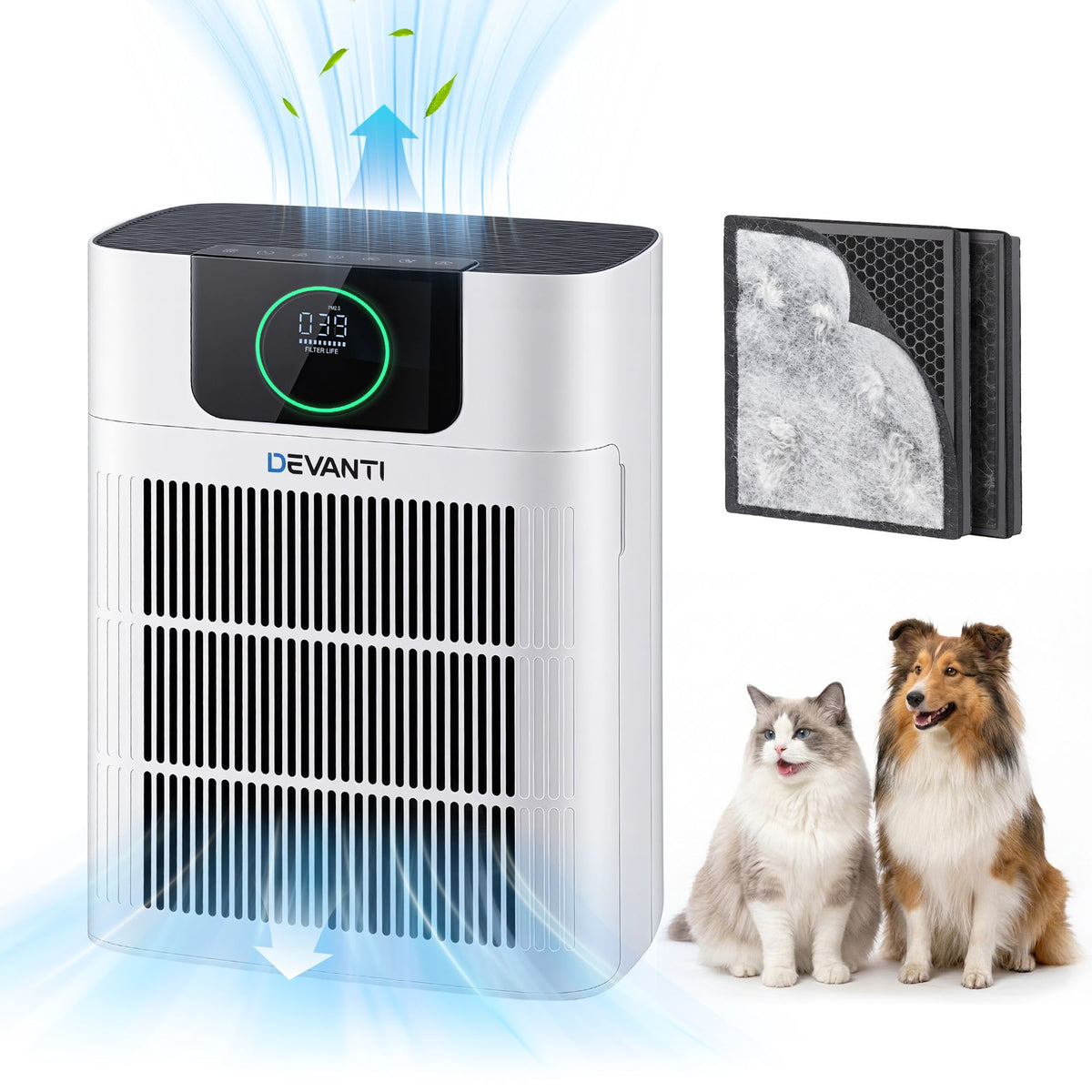 White pet air purifier with PM2.5 display standing in a living room