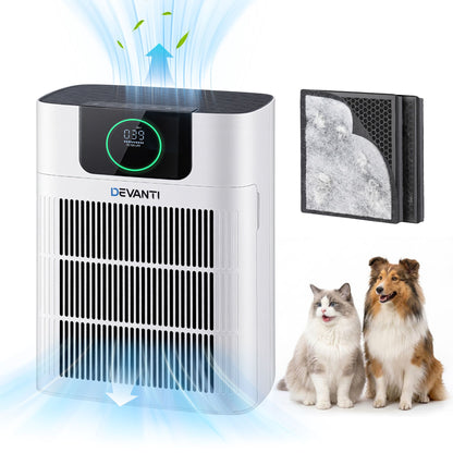 White pet air purifier with PM2.5 display standing in a living room