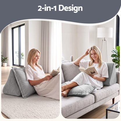 Grey velvet back support pillow with armrests propped against a bedhead
