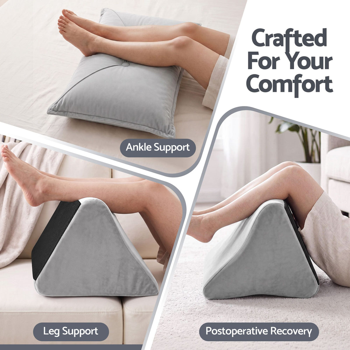 Grey velvet back support pillow with armrests propped against a bedhead