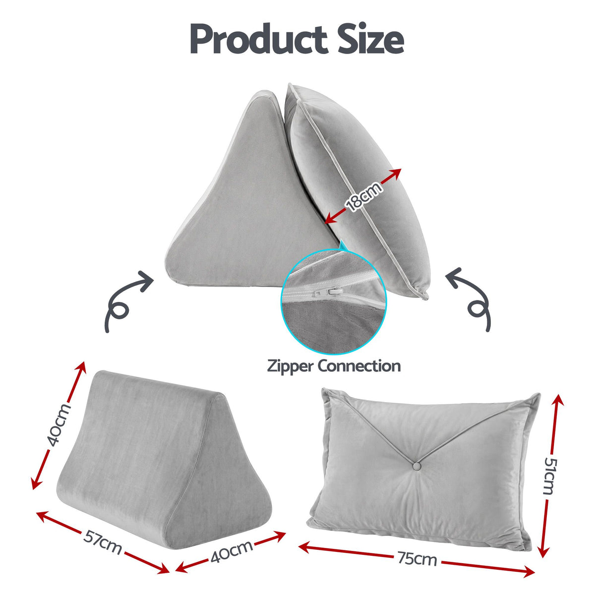 Grey velvet back support pillow with armrests propped against a bedhead