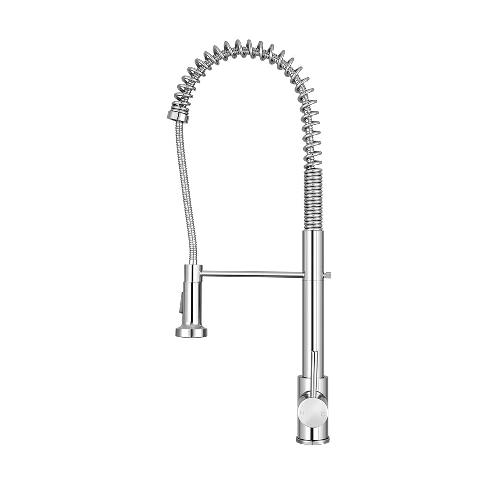Polished chrome pull-down kitchen mixer tap over a stainless sink