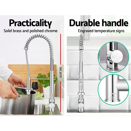 Polished chrome pull-down kitchen mixer tap over a stainless sink