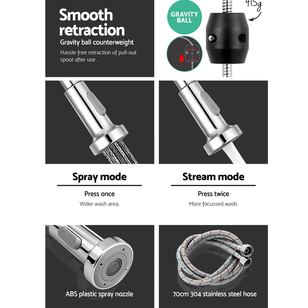 Polished chrome pull-down kitchen mixer tap over a stainless sink