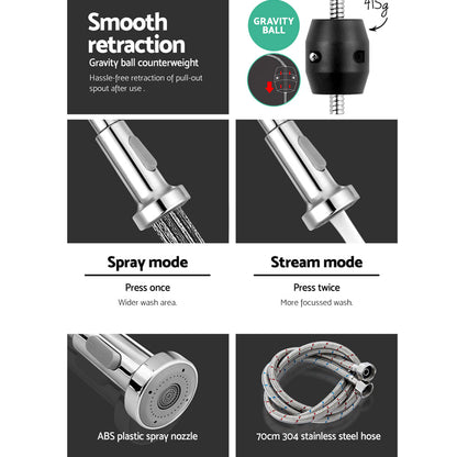 Polished chrome pull-down kitchen mixer tap over a stainless sink