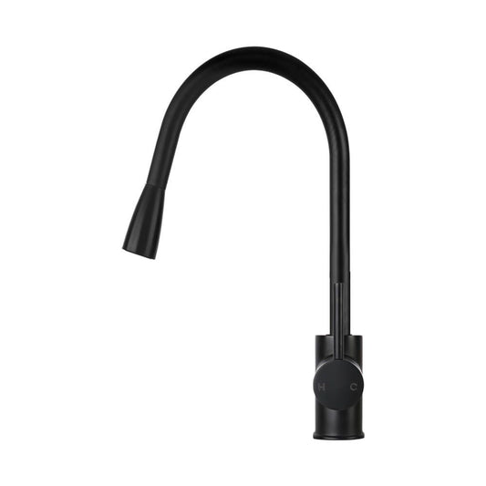 Matte black pull-out kitchen mixer tap with curved spout and single lever handle