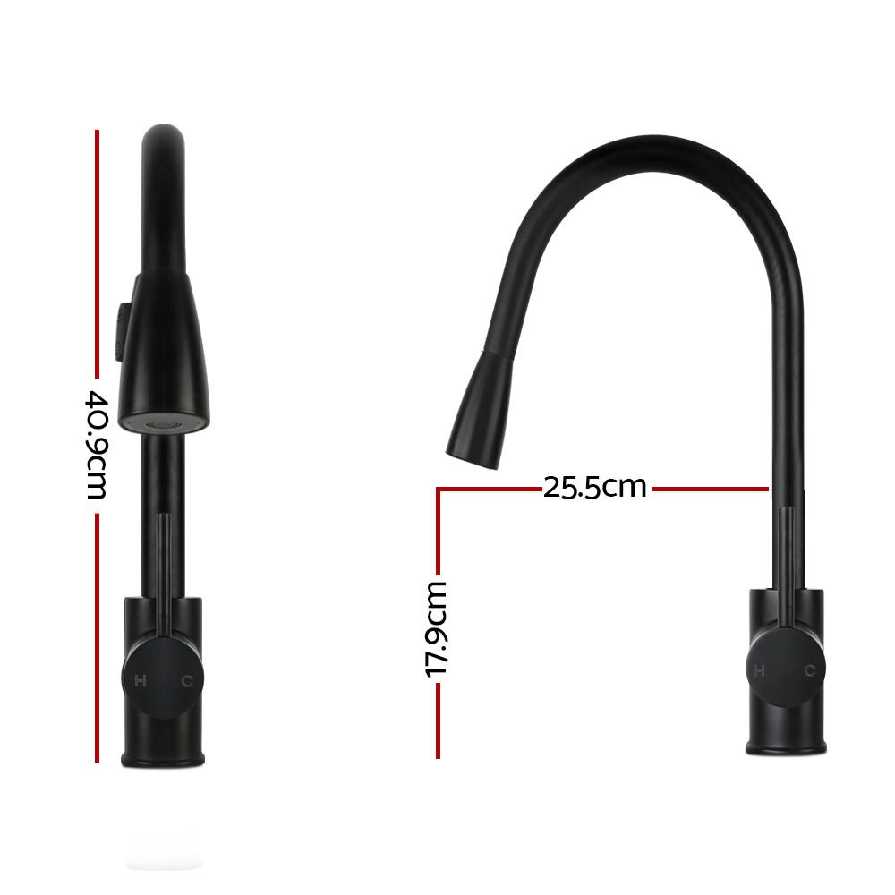 Matte black pull-out kitchen mixer tap with curved spout and single lever handle