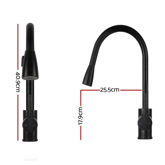 Matte black pull-out kitchen mixer tap with curved spout and single lever handle