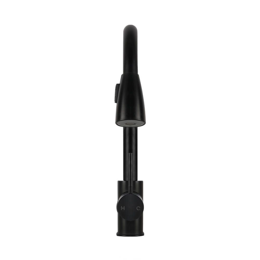Matte black pull-out kitchen mixer tap with curved spout and single lever handle