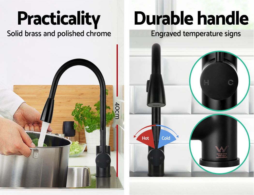 Matte black pull-out kitchen mixer tap with curved spout and single lever handle