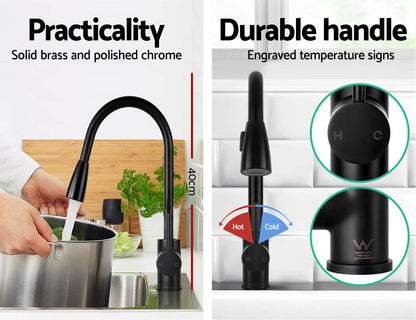 Matte black pull-out kitchen mixer tap with curved spout and single lever handle
