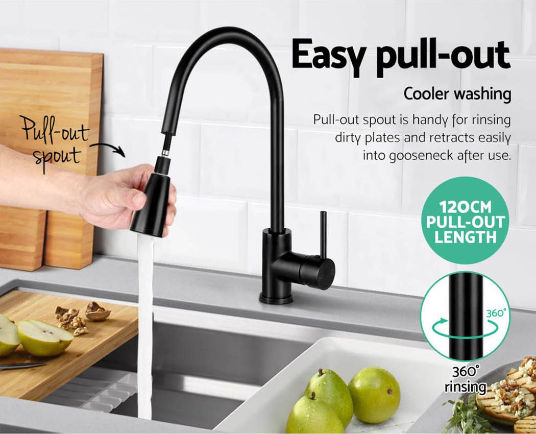 Matte black pull-out kitchen mixer tap with curved spout and single lever handle