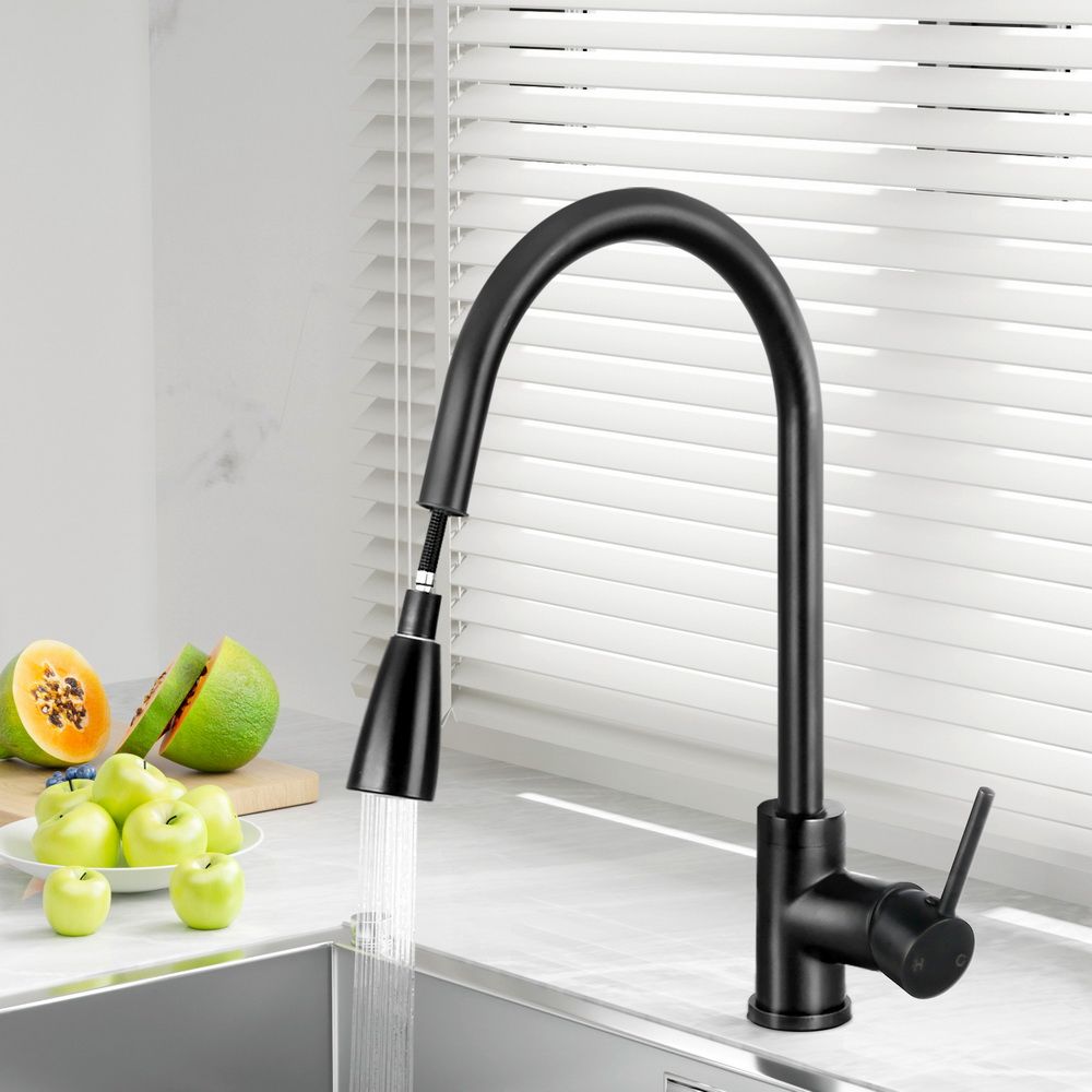 Matte black pull-out kitchen mixer tap with curved spout and single lever handle