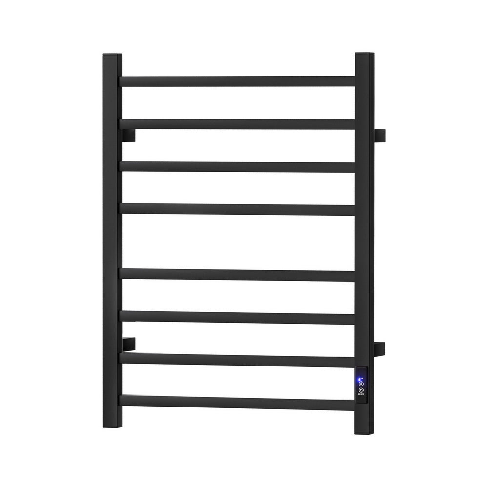Black eight bar square profile heated towel rail mounted in a bathroom