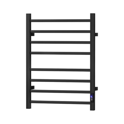 Black eight bar square profile heated towel rail mounted in a bathroom
