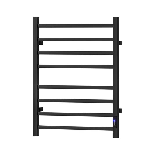 Black eight bar square profile heated towel rail mounted in a bathroom