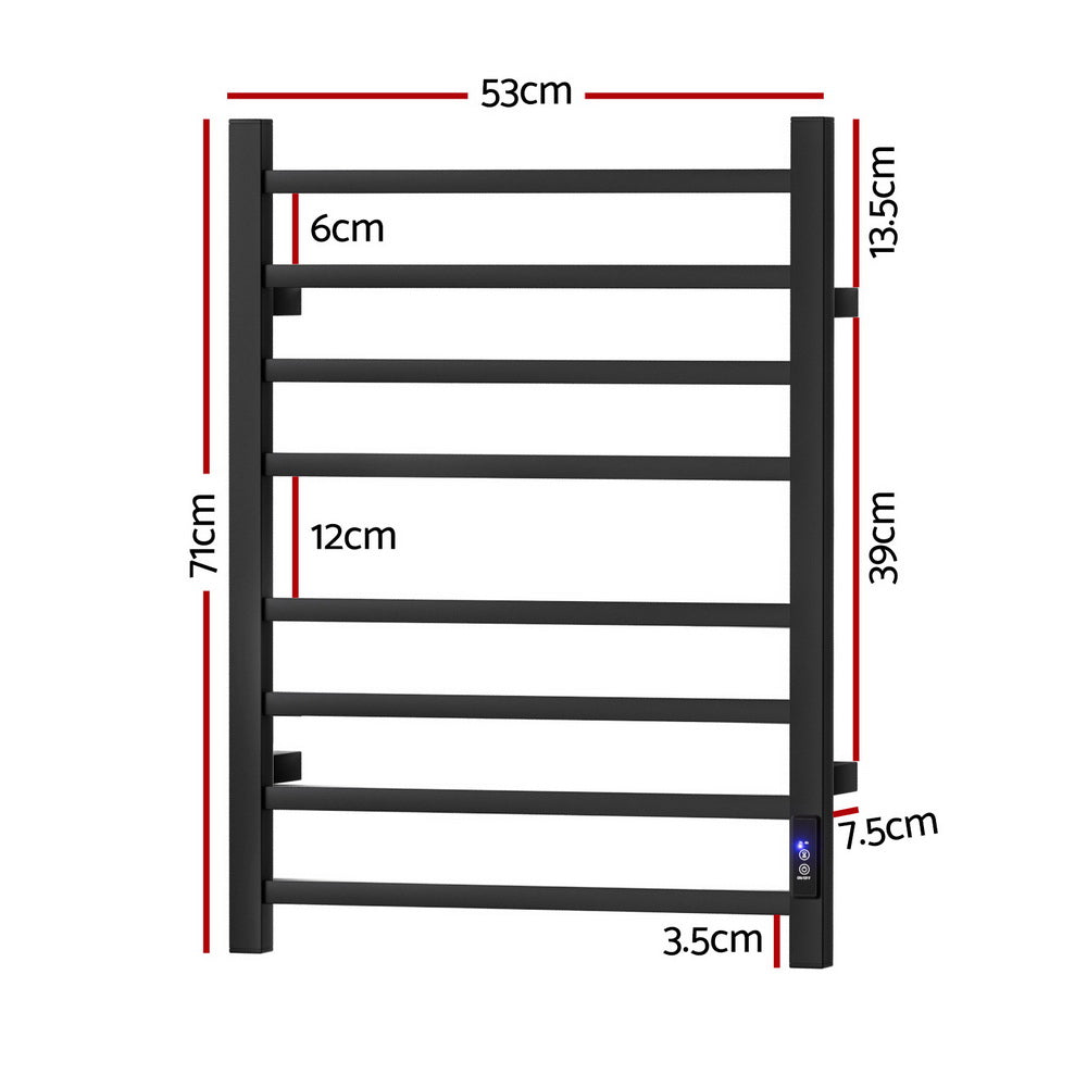 Black eight bar square profile heated towel rail mounted in a bathroom