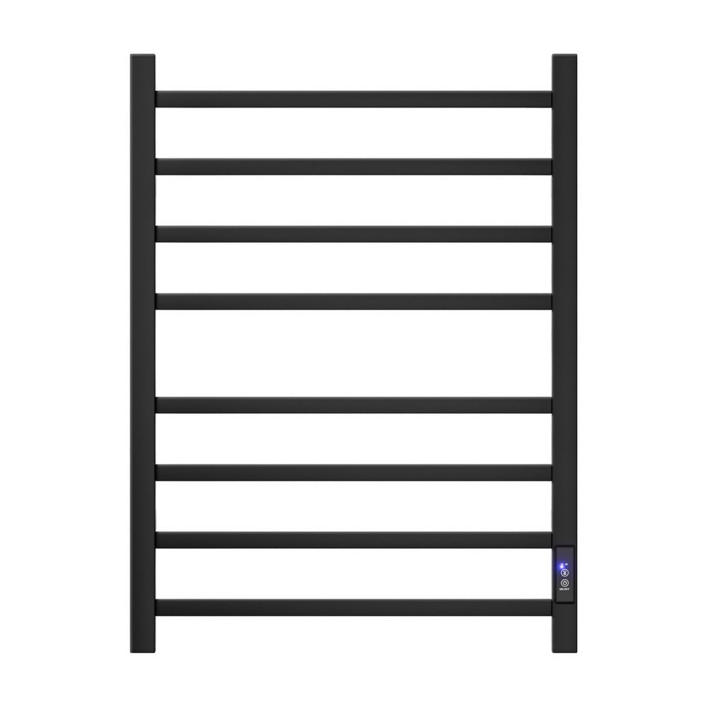 Black eight bar square profile heated towel rail mounted in a bathroom