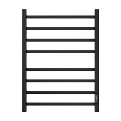 Black eight bar square profile heated towel rail mounted in a bathroom