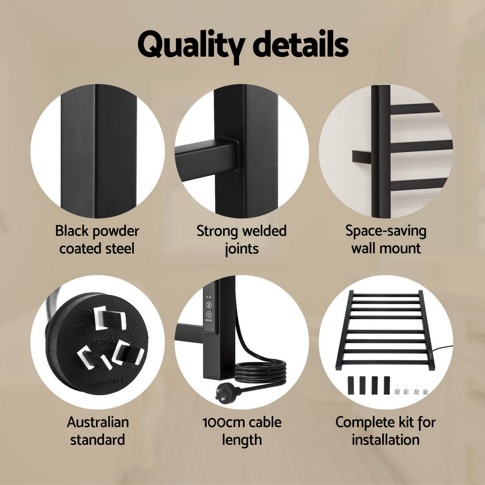 Black eight bar square profile heated towel rail mounted in a bathroom
