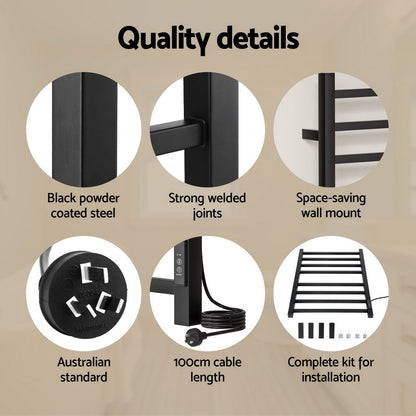 Black eight bar square profile heated towel rail mounted in a bathroom