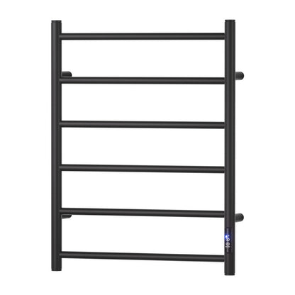 Black six bar wall mounted heated towel rail with towels hanging
