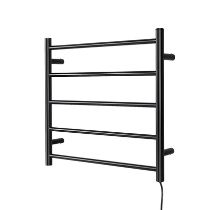 Black five bar wall mounted heated towel rail in a bathroom