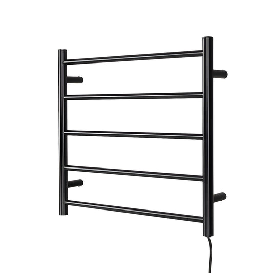 Black five bar wall mounted heated towel rail in a bathroom