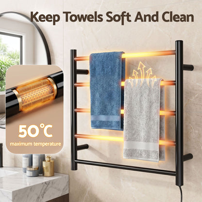 Black five bar wall mounted heated towel rail in a bathroom