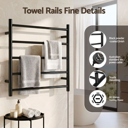 Black five bar wall mounted heated towel rail in a bathroom