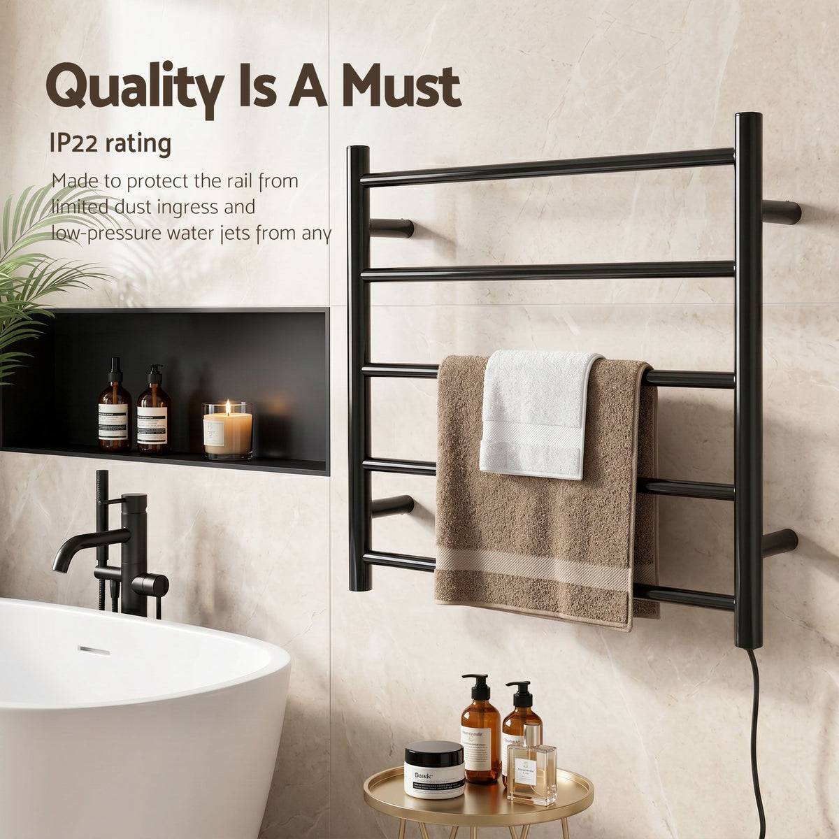 Black five bar wall mounted heated towel rail in a bathroom