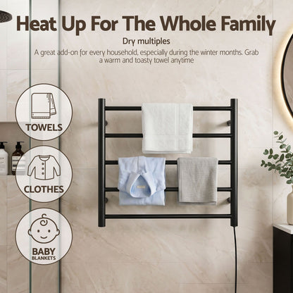 Black five bar wall mounted heated towel rail in a bathroom