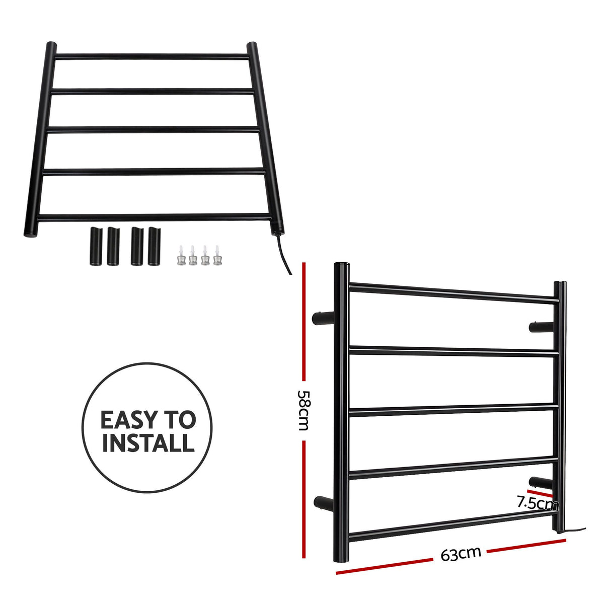 Black five bar wall mounted heated towel rail in a bathroom