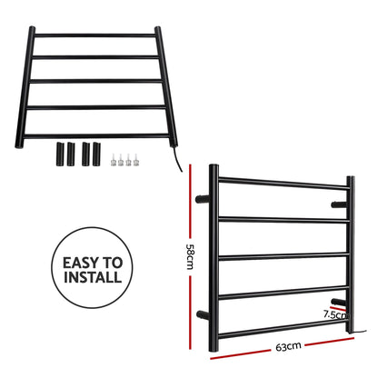 Black five bar wall mounted heated towel rail in a bathroom