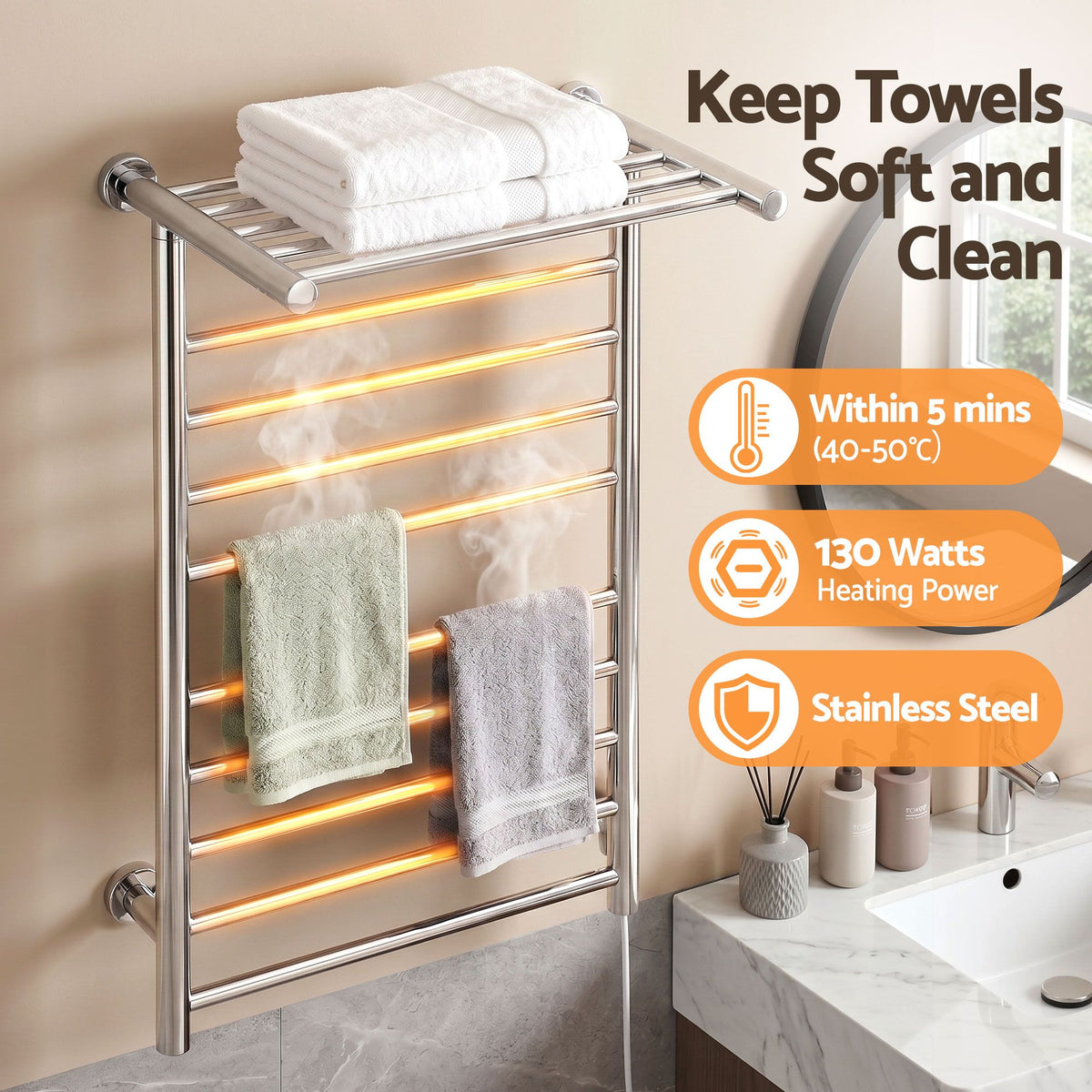 Wall mounted polished stainless steel heated towel rail with 14 bars