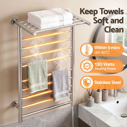 Wall mounted polished stainless steel heated towel rail with 14 bars