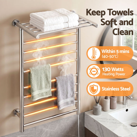Wall mounted polished stainless steel heated towel rail with 14 bars
