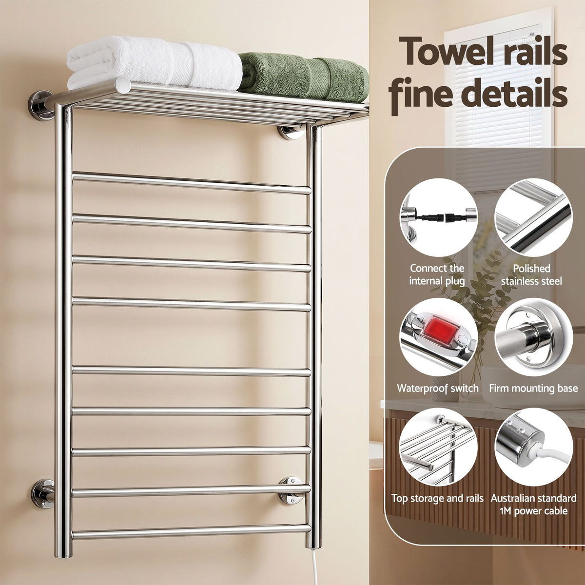 Wall mounted polished stainless steel heated towel rail with 14 bars