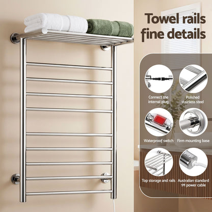 Wall mounted polished stainless steel heated towel rail with 14 bars