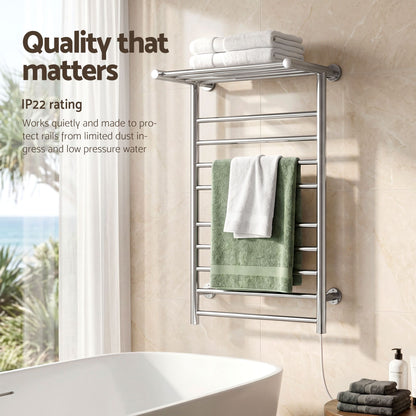 Wall mounted polished stainless steel heated towel rail with 14 bars