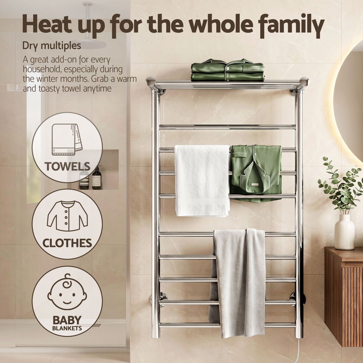 Wall mounted polished stainless steel heated towel rail with 14 bars