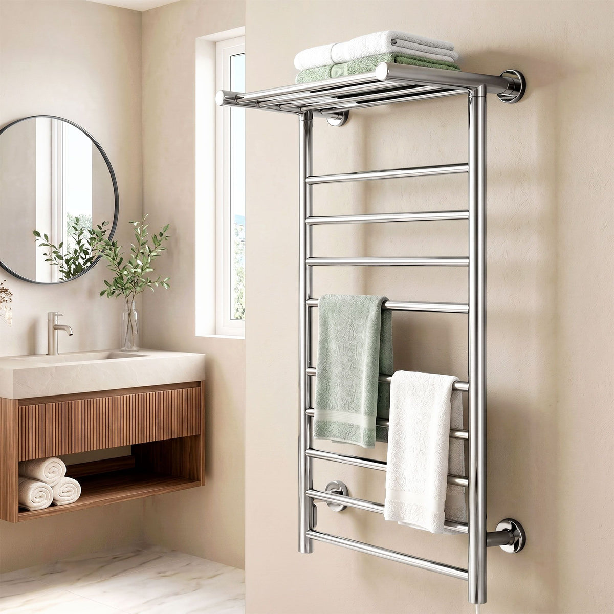 Wall mounted polished stainless steel heated towel rail with 14 bars