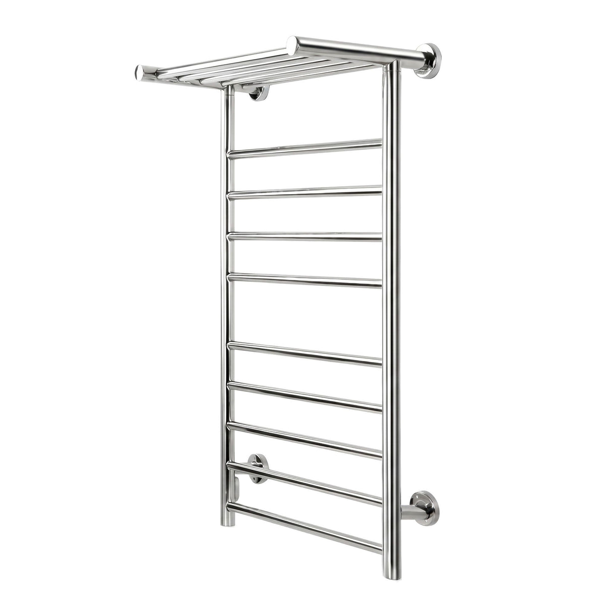 Wall mounted polished stainless steel heated towel rail with 14 bars