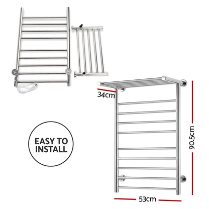 Wall mounted polished stainless steel heated towel rail with 14 bars