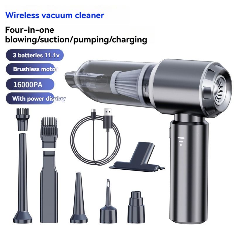 Gray handheld wireless vacuum cleaner with brush attachment and extension wand