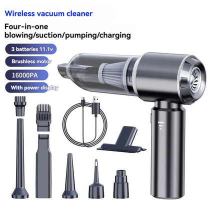 Gray handheld wireless vacuum cleaner with brush attachment and extension wand