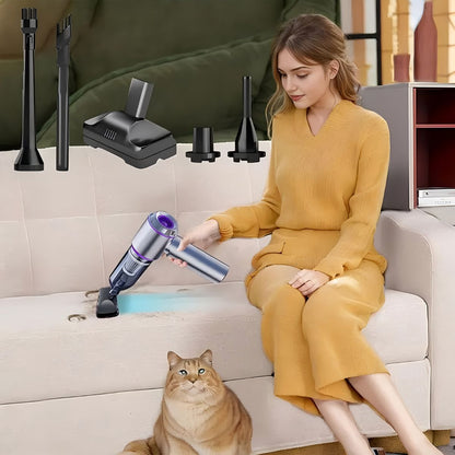Gray handheld wireless vacuum cleaner with brush attachment and extension wand