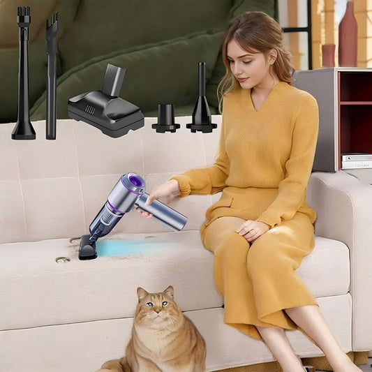 Gray handheld wireless vacuum cleaner with brush attachment and extension wand